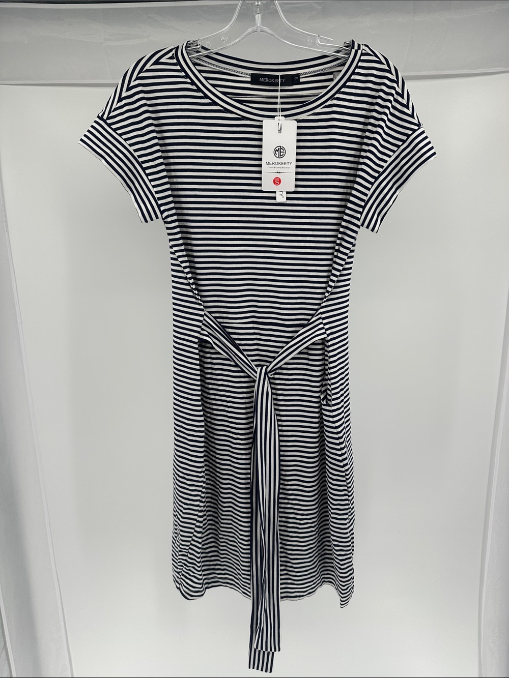 Merokeety Navy and White Striped Tie-Waist Dress